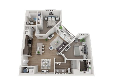 Floor plan for 2 beds, 2 baths, 1031 sqft